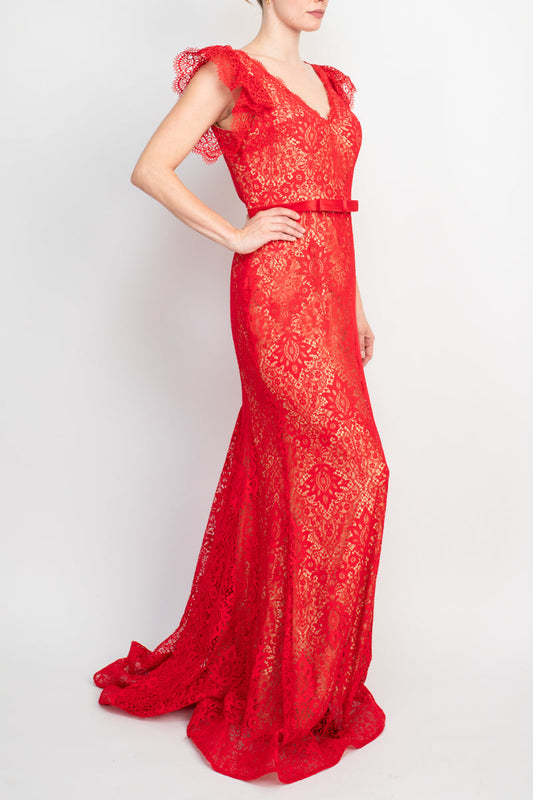 Jovani lace with a v-neckline sheath gown