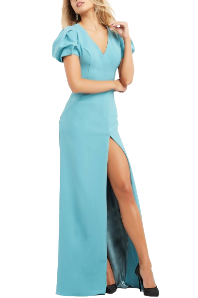 Jovani V-neck Short Bodycon Zipper Closure Slit Front Scuba Crepe Gown - Seafoam - Front View