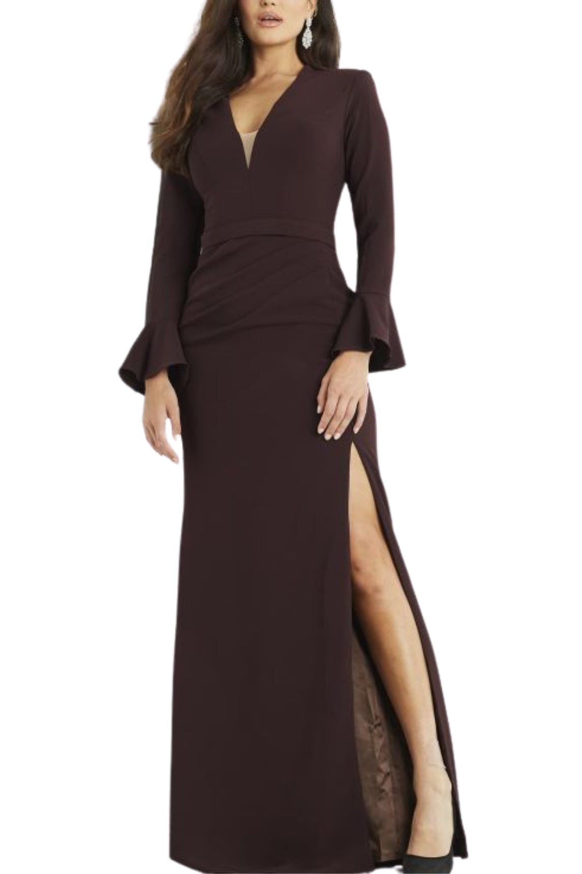 Jovani Crepe Side Slit Column Silhouette Gown_Plum_Front View