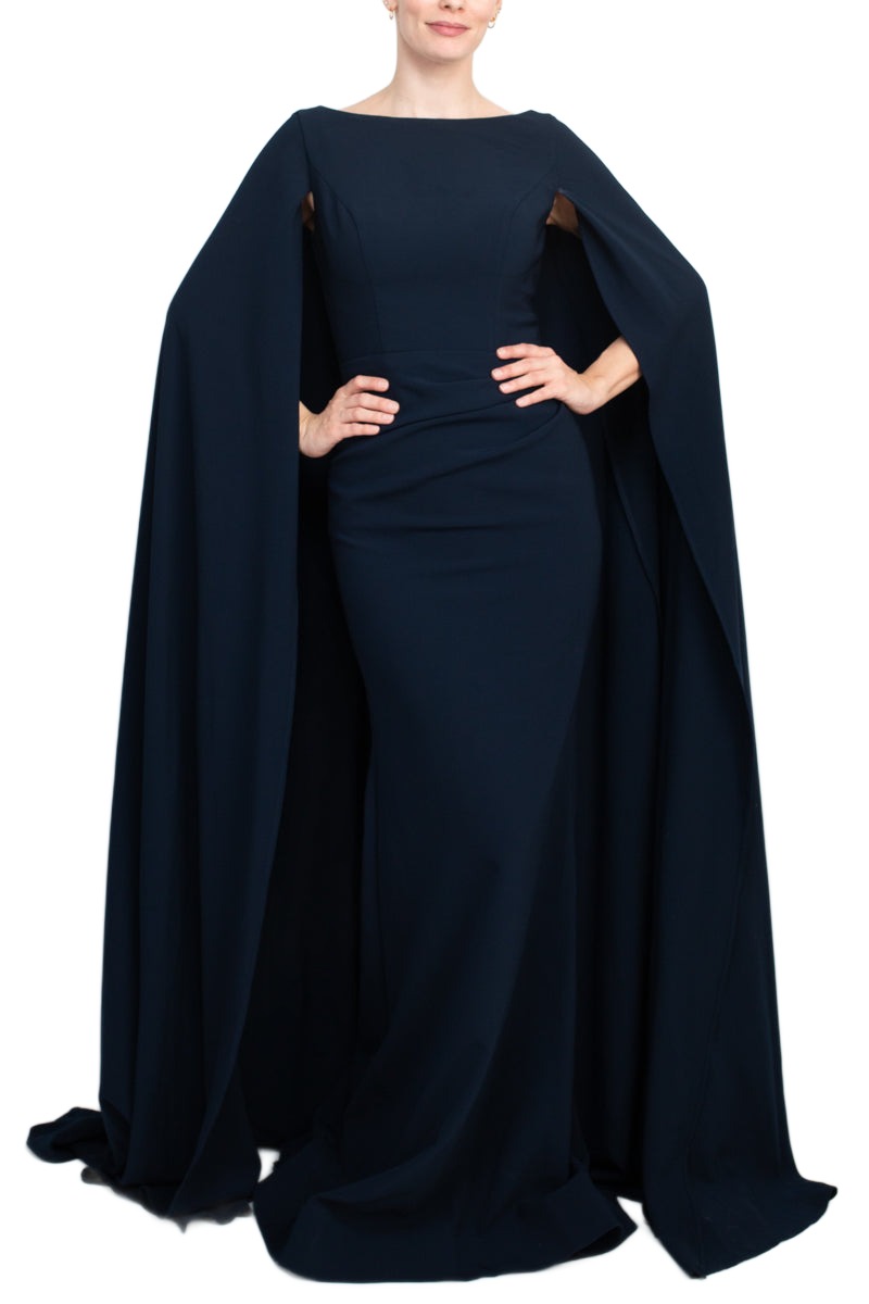 Jovani boat neck cape evening with zipper closure crepe gown