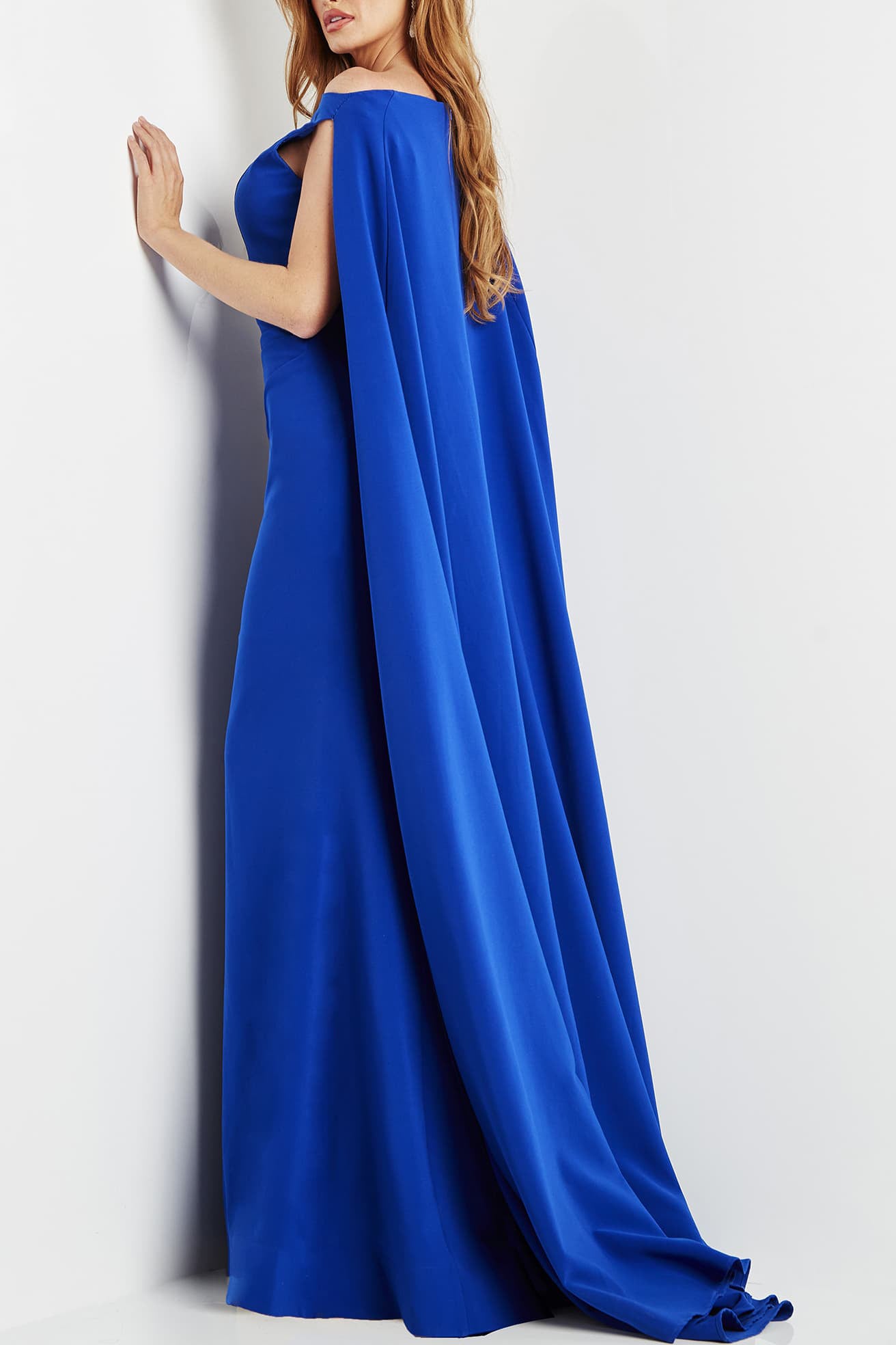 Jovani boat neck cape evening with zipper closure crepe gown