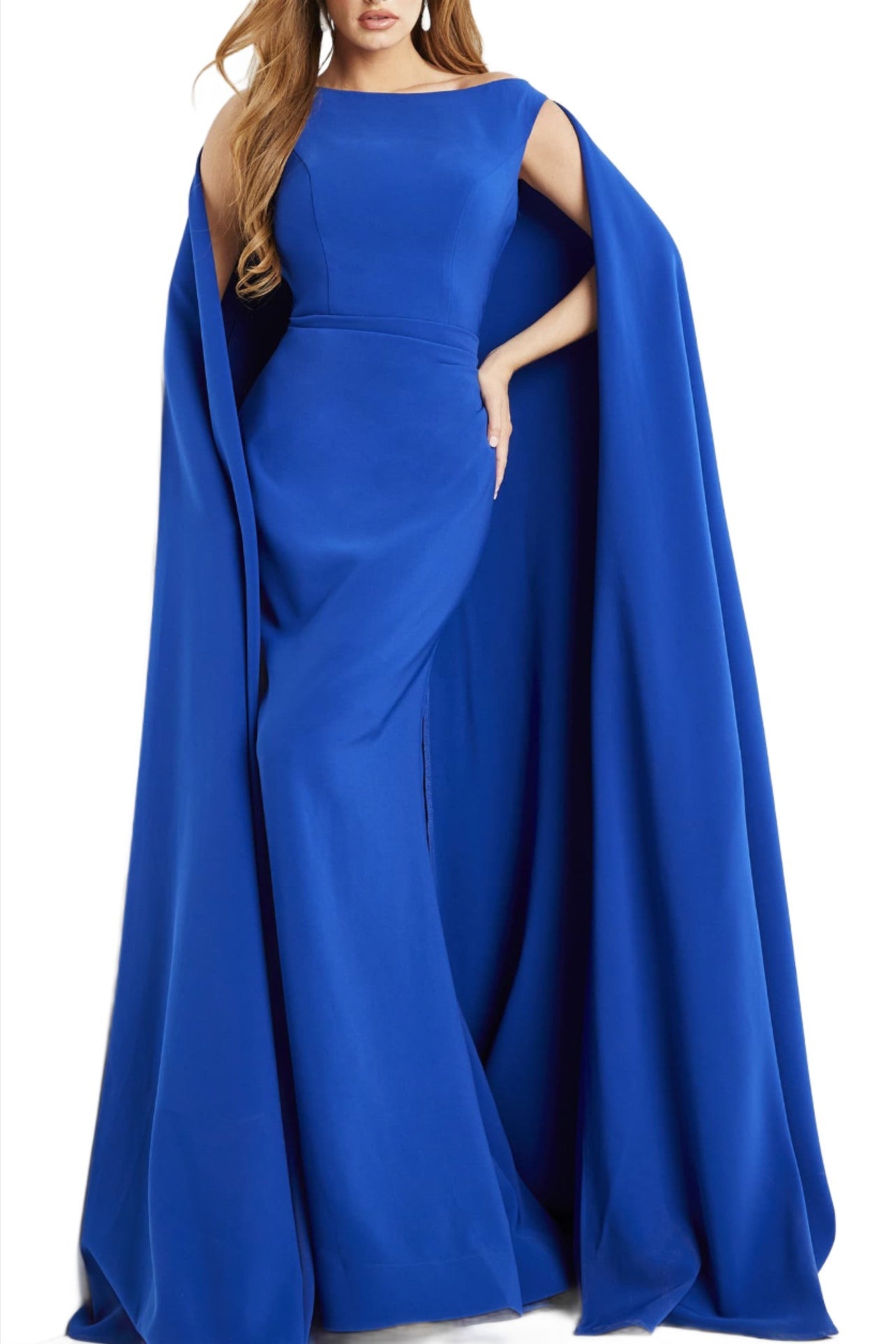 Jovani boat neck cape evening with zipper closure crepe gown