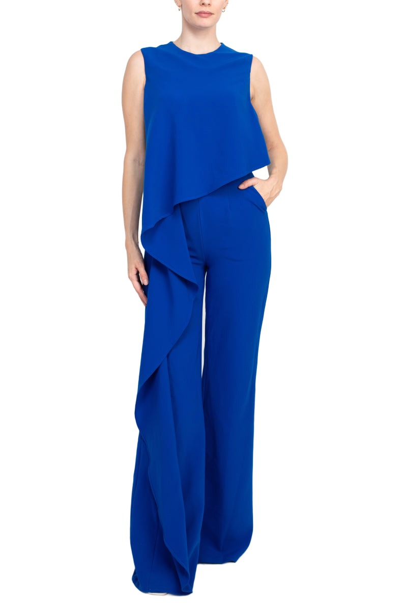 Jovani Ruffle trim sleeveless high waist one-piece scoop neck crepe jumpsuit